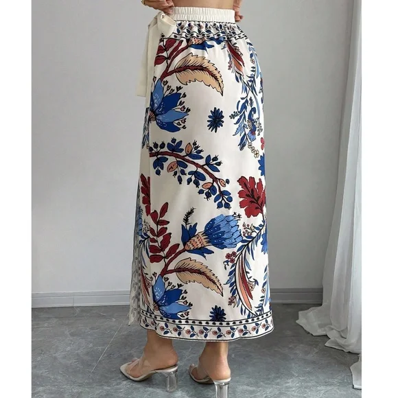 Boho Floral Print Wide Tie Stretchy Waist Skirt - Picture 2 of 4